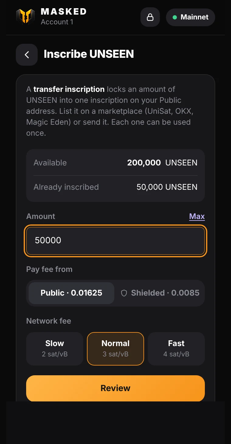 Inscribe transfer screen for UNSEEN with the available amount