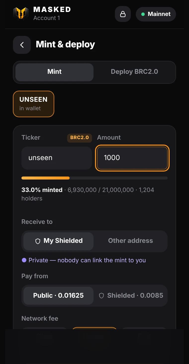 Mint screen showing UNSEEN supply, 33% minted